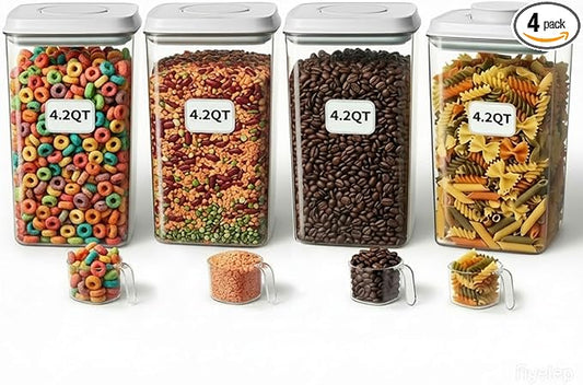 Melovom 4 Pcs Large Pop Airtight Food Storage Containers Set with Lids, 4.2Qt/4L Food Containers with Scoop, Kitchen Pantry Organization and Storage, BPA Free Stackable Cereal Container (4 * 4.2Qt)