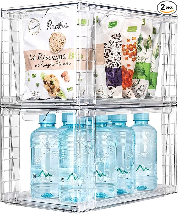 2Pack Large Stackable Kitchen Storage Drawers, Clear Foods Organizer Bins with Handles, Easily Assemble for Bathroom, Kitchen, Pantry, Cabinet, Closet(XL-UP Handle)