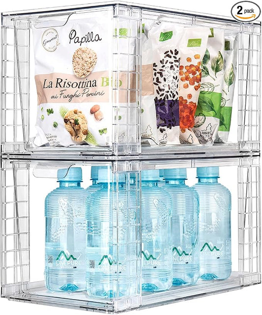 2Pack Large Stackable Kitchen Storage Drawers, Clear Foods Organizer Bins with Handles, Easily Assemble for Bathroom, Kitchen, Pantry, Cabinet, Closet(XL-UP Handle)