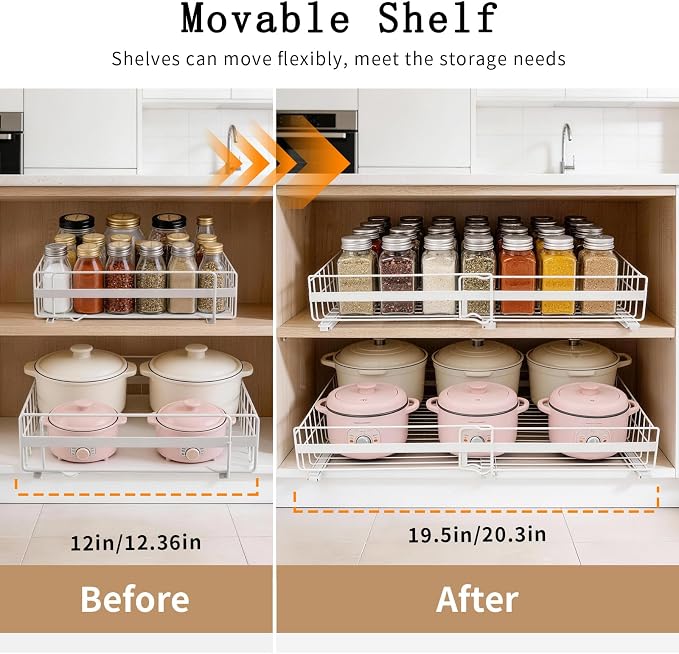 2 Pack Expandable Pull out Cabinet Organizer, Width (13"-21") Pull Out Drawers for Cabinets, Full Extension Upgrade 3 Slide Rails Slide Out Drawers, No Drill Adjustable Roll Out Shelves (White)