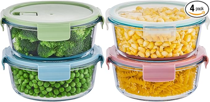 8 Pcs Round Glass Containers with Lids Airtight 4 Cup Glass Storage Containers Set Meal Prep Containers for Soup Leftover Microwave, Dishwasher, and Freezer Safe(4 Sets