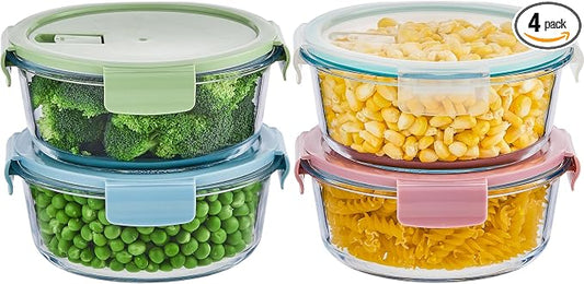 8 Pcs Round Glass Containers with Lids Airtight 4 Cup Glass Storage Containers Set Meal Prep Containers for Soup Leftover Microwave, Dishwasher, and Freezer Safe(4 Sets