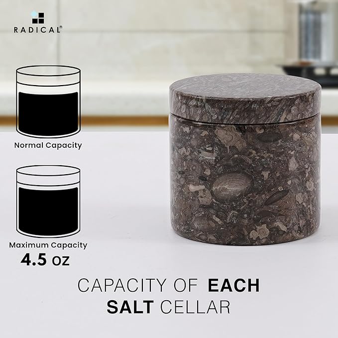 Radicaln Marble Salt Cellar with Lid and Tray 3" Inch Oceanic & Black Handmade Set of 2 Seasoning Jars, Ideal Table Salt Container & Sugar Bowl For Kitchen Countertop