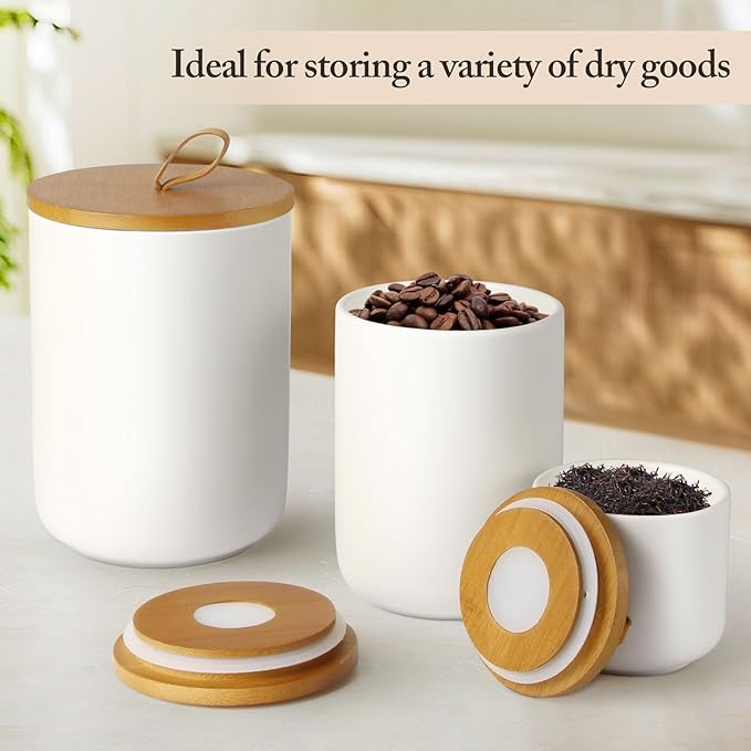 3-Piece Ceramic Canisters Set,Airtight Food Storage Jars with Bamboo Lids for Kitchen Countertop,Flour Sugar Coffee Tea Pasta Cookie Container,White Decorative Pantry Organization Jars