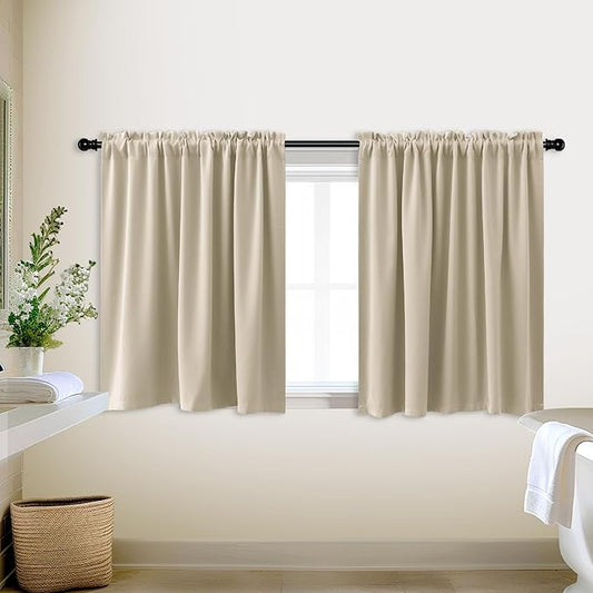KOUFALL Biscotti Beige Kitchen Curtains 34x36 Inch Length Set of 2 Pack Rod Pocket Short Curtains for Small Bathroom