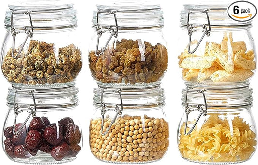 ODBCYWM 17oz Glass Food Storage Jars with Airtight Lids, Set of 6 – Clear Preserving Seal Wire Clip Fastening Canisters for Kitchen Canning, Flour, Cereal, Pasta, Sugar, Beans, Pickling Jars (17oz*6)