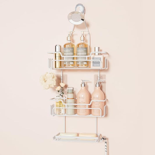SWTYMIKI Bathroom Shower Caddy Hanging - 3 Tier Rustproof Over Shower Head Organizer, No Drilling Bathroom Shelf with 16 Hooks & Soap Holder, Anti-Swing Rack for Shampoo,Sponge,Towel, White, Medium