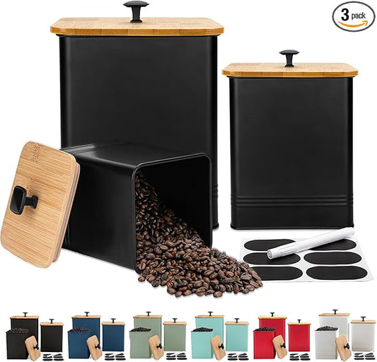 Kitchen Canisters Set of 3, Metal Flour Sugar Storage Containers with Airtight Lids-Canisters Sets for Kitchen with Customizable Chalkboard Labels & Marker Pen-Spice, Coffee Storage Jars(Black)