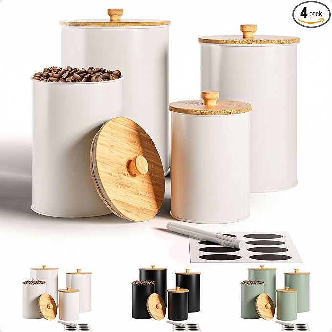 Kitchen Canisters for Countertop Set of 4 with Customizable Chalkboard Labels & Marker Pen - Big Iron Kitchen Canisters with Airtight Lids - White Canister Set - Flour and Sugar Containers Farmhouse