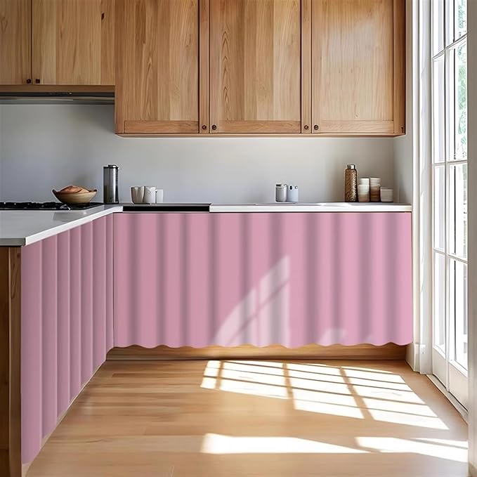 Under Sink Curtain for Closet, Privacy Short Cabinet Curtain Self Stick Adhesive Desk Skirt for Kitchen Classroom, Pink, 32" W x 28" L