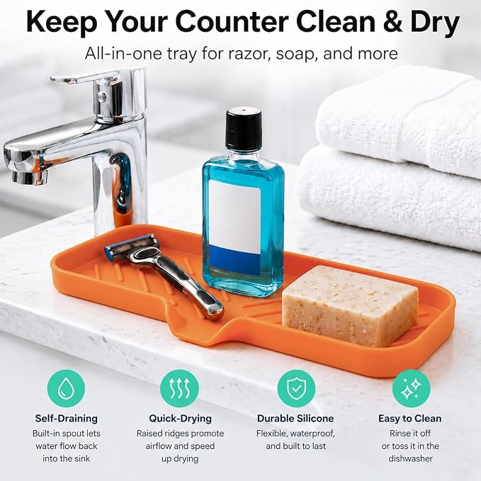 MicoYang Silicone Soap Dish with Drain Spout — Self-Draining Double Sink Organizer Tray for Kitchen & Bathroom, Dispensers, Sponges & Soap Holder, Non-Slip & Dishwasher Safe, Orange (Large, 12"×4")