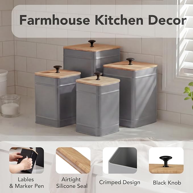 PERFNIQUE Kitchen Canisters, Airtight Canister Sets for Kitchen Counter, Kitchen Canisters for Countertop Set of 4, Coffee Tea Sugar Flour Spice Tin Jars Food Storage Container with Lid(Grey)