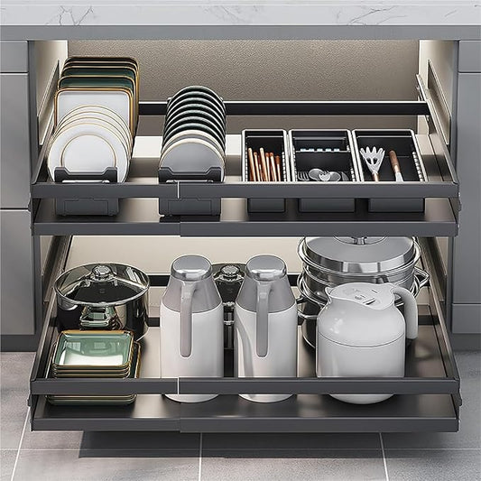 Pull out Cabinet Organizer,Under Sink Organizer, Roll out Storage Shelf Storage for Pantry,Extendable Drawer For Kitchen Storage,No Need Drill and Nailing,for Kitchen, Living Room, Home.(Black,TWO-47*