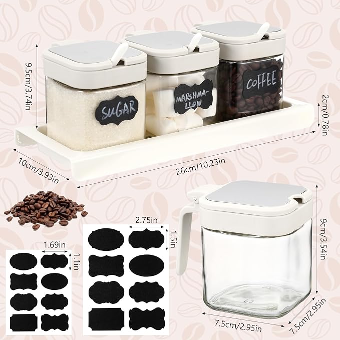 Suclain 3 Pcs Glass Coffee Containers Coffee Station Organizer Set, Airtight Bean Storage Jars with Shelf,labels,spoon, Base and Pen,for Sugar, Candy, Oats, Nuts(White)