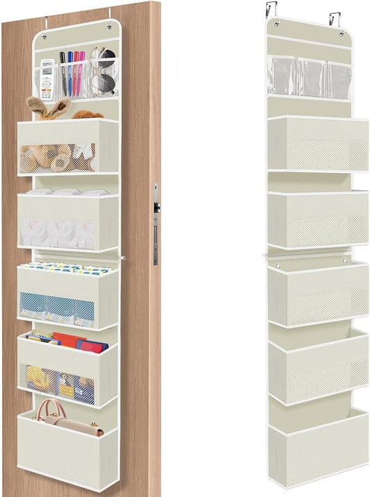 SpaceHacks 6-Tier Over The Door Organizer, Hanging Storage Organizer with Clear Window, 40lb Ultra Sturdy Large Capacity Room Organizer for Pantry Bathroom Nursery Closet Baby Essential (Beige)