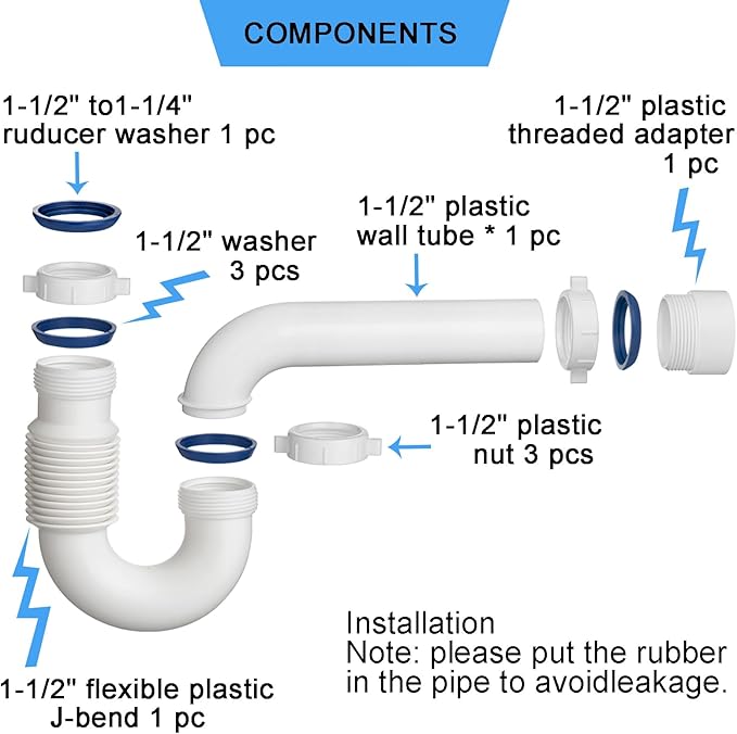 (1 Pack) Yariwiz White P Trap 1 1/2 Inch for Bathroom Kitchen Sink Drain Pipe Tubular Kit with Adjustable J-bend, White Threaded Adapter and Blue TPE Washer KSD-004W