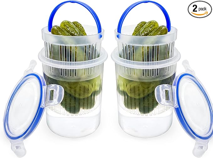 Pickle Jar 24oz 2Pack Pickle container with strainer Pickle Holder Keeper Lifter, pickle storage container suitable for pickling small jars of kimchi, Flip Jar with Leak Proof and Lock It Lid