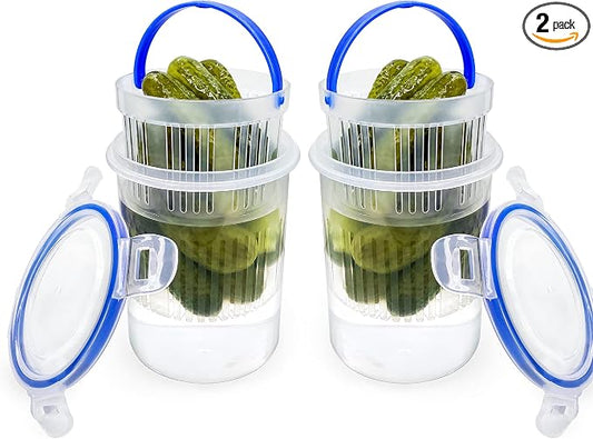 Pickle Jar 24oz 2Pack Pickle container with strainer Pickle Holder Keeper Lifter, pickle storage container suitable for pickling small jars of kimchi, Flip Jar with Leak Proof and Lock It Lid