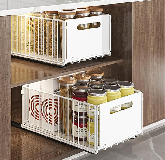 YunNasi Pull Out Cabinet Organizer Slide Out Drawer Storage Shelves Cupboard Organiser Sliding Cabinet Basket for Kitchen No Drilling and Nailing (White, 2Piece 9.8" W X15 D X 7.5" H)