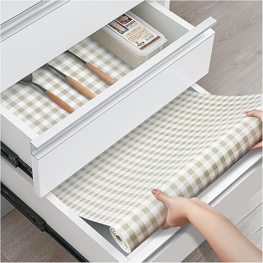 Drawer and Shelf Liner, Non-Slip Kitchen Cabinet Liners Non-Adhesive Thick Strong Grip Waterproof Washable Mats Protect Dresser Shelves Cupboard Bathroom Cabinets, Yellow Plaid, 24 in X 30 FT