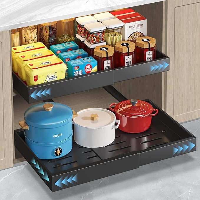 Expandable Pull Out Cabinet Organizer 16.5" Deep, 3 Rails Slide Out Drawer for Kitchen Cabinet, Adjustable No Drill Roll Out Shelf Adhesive with Nano Film 12.2"-20.5" W Black 1 Pack