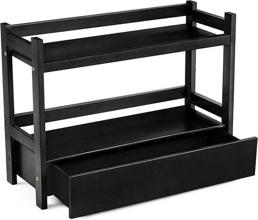 Sorbus Bamboo Bathroom Counter Organizer – 2-Tier Shelf with Hidden Drawer for Vanity, Matcha Station, Bathroom Sink Organizer Countertop, Kitchen & Office Storage (17″ L x 6.5″ W x 12.6″ H) (Black)