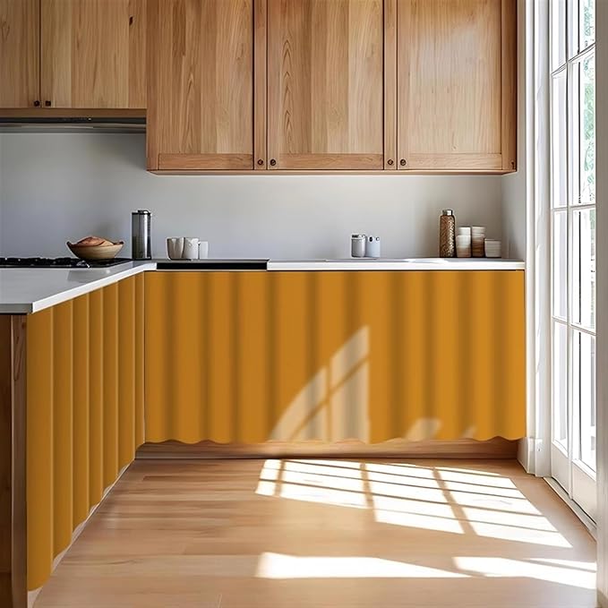 Under Sink Curtain for Closet, Privacy Short Cabinet Curtain Self Stick Adhesive Desk Skirt for Kitchen Classroom, Orange, 32" W x 28" L