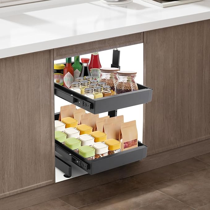 Cabinet Drawers Slide Out, 2 Tiers Expandable Pull out Cabinet Organizer No-Drilling, Slide out Drawers for Kitchen Cabinets Bathrooms, Laundry Rooms, Garages (Black)