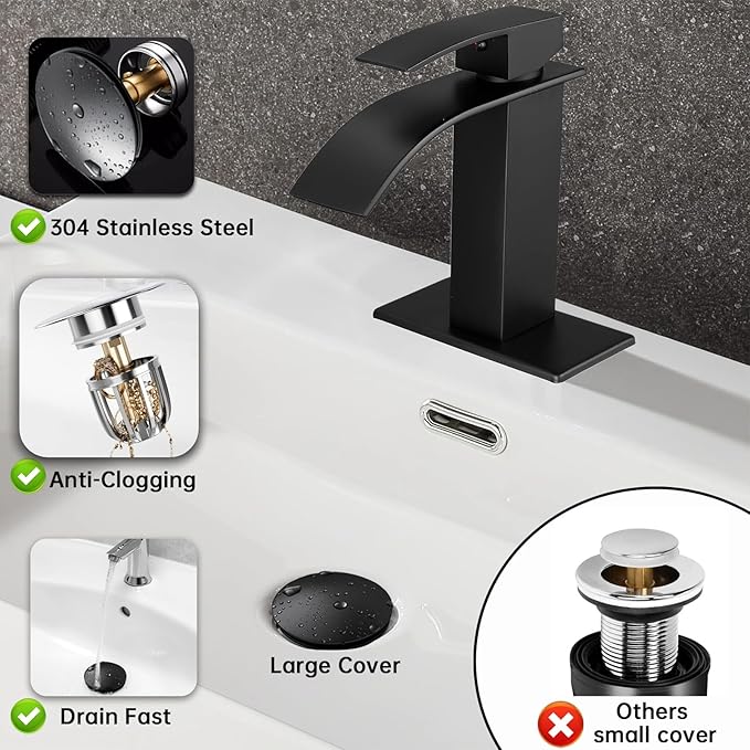 Bathroom Sink Drain Kit with Flexible Expandable Pipe: Odor-Free & Backflow-Preventing, Space-Saving Design without a P-trap, For 1-1/4'' & 1-1/2'' Drain Hole (Black, With Overflow)