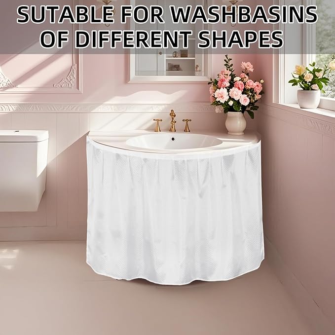 Fabric Sink Skirt Waterproof Self-Adhesive Bathroom Sink Skirt Diamond Stitch Design, 55 x 32 Inches, Adds Under Sink Storage (Silver Gray)