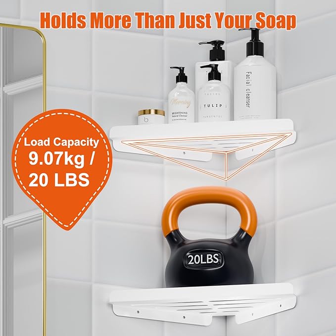Fikoksol Shower Caddy, 2 Pack Bathroom Corner Shelf, Triangle Shelf Storage for Bathroom Shower, White Metal Shower Shelf & Rustproof Wall Mounted Adhesive Glue Organizer Accessories and Essentials