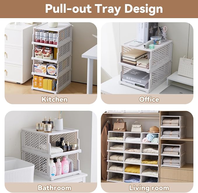 Pull-out Plastic Storage Basket with a Lid,Stackable Closet Organizers Drawer Anti-Tipping,Stable Shelf Container for Bathroom Laundry Room Storage, Space-Saving Clothes Storage (White Gray, L-4 pack)