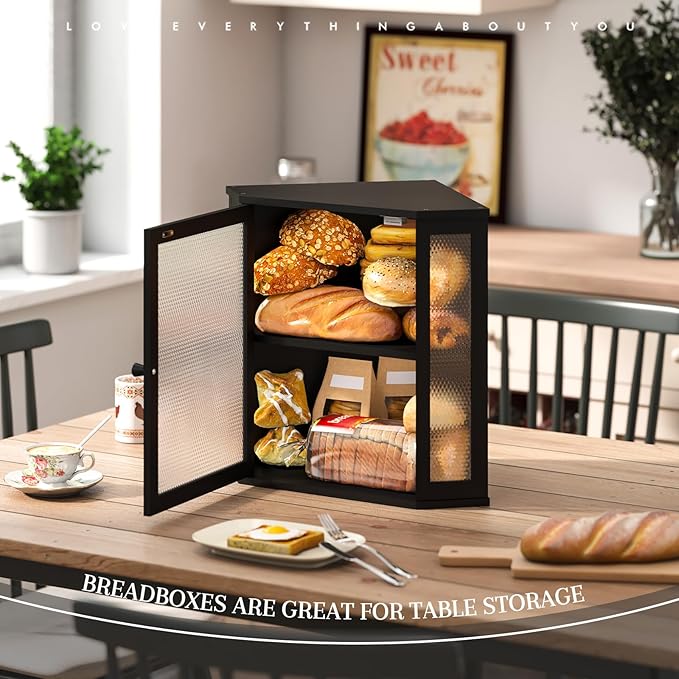 STDDRE Corner Bread Box Kitchen Countertop Extra Large Capacity Farmhouse Bread Box, Corner Countertop Storage, Double Layer Bread Holder (Black, Extra Large)