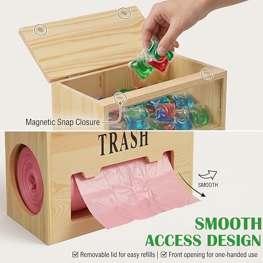 2-in-1 Trash Bag Dispenser & Dishwasher Laundry Pods Container, Large Wooden Trash Bag Holder with Magnetic Flip Lids, Garbage Bag Dispenser for Kitchen Pantry Laundry Room Under Sink Organizer