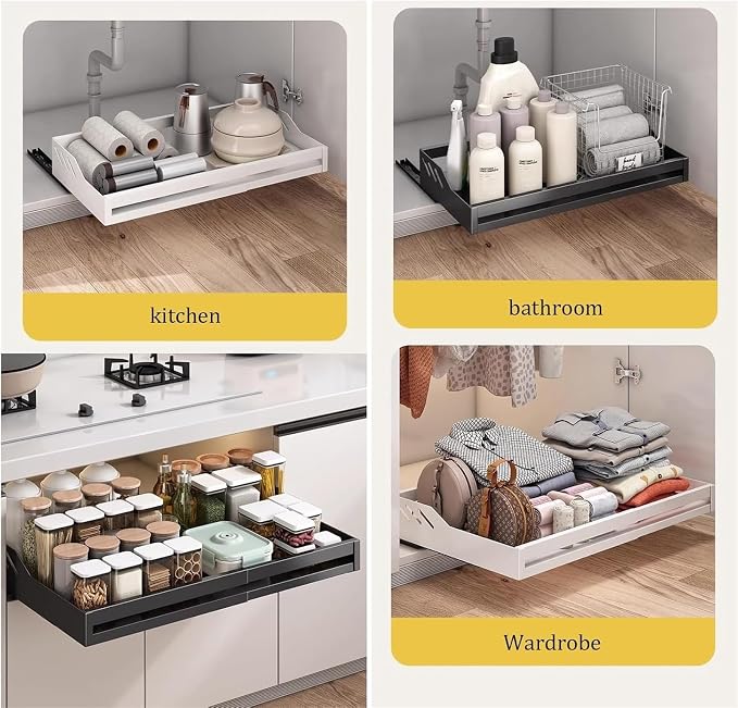 Pull out Cabinet Organizer,Under Sink Organizer, Home Office Organization Hidden Storage Pantry Shelf,No Need Drill and Nailing,for Kitchen Cupboard Cabinet.(White)
