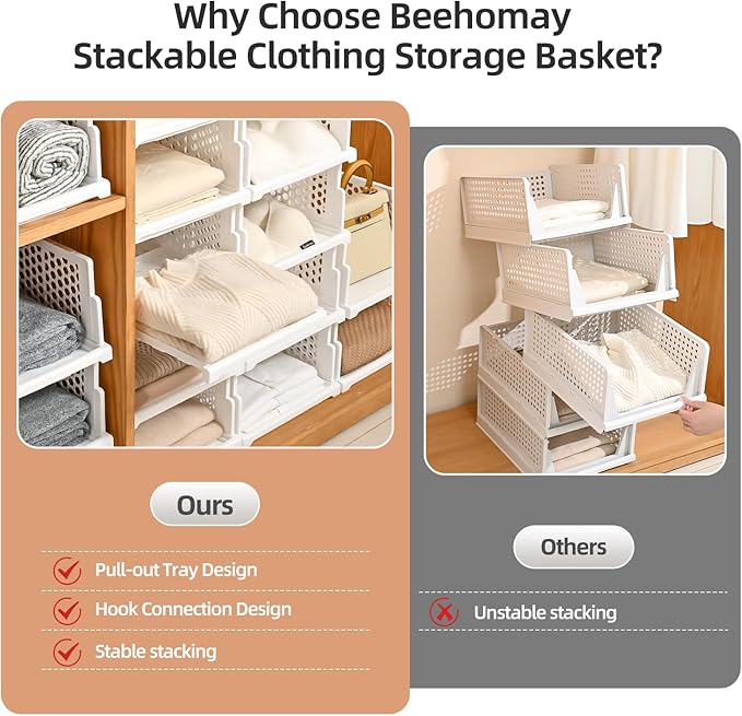 Pull-out Plastic Storage Basket,Stackable Closet Organizers Drawer Anti-Tipping, Reinforced Stable Shelf Container for Bathroom Laundry Room Storage, Space-Saving Clothes Storage (white, Large-5pcs)