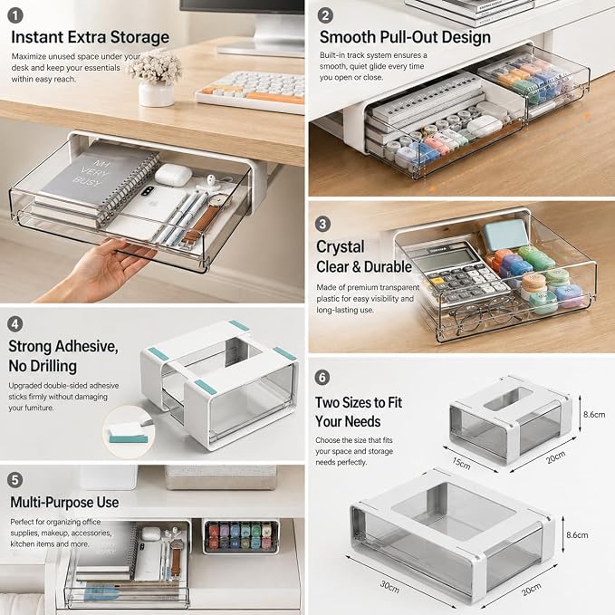 Under Desk Drawer Organizer, Hidden Pull-Out Storage with Large Capacity, Adhesive No Drill Under Desk Drawer for Office Desk Organization,L