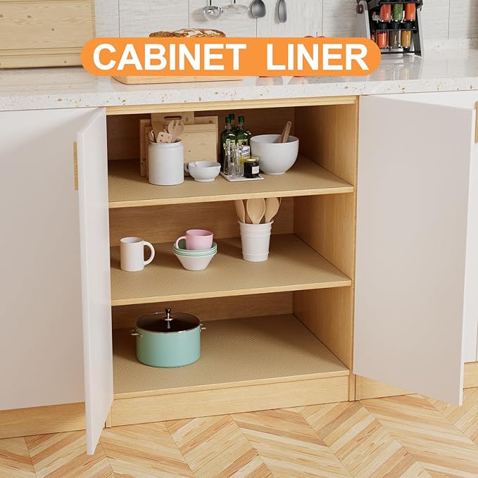 FLPMIX Kitchen Cabinet Liner Non-Adhesive: Waterproof Bathroom Drawer Liners Mat - Easy to Cut Small Cupboard Shelf Liner for Pantry Shelves - Oil-Proof Khaki 12" x 396"