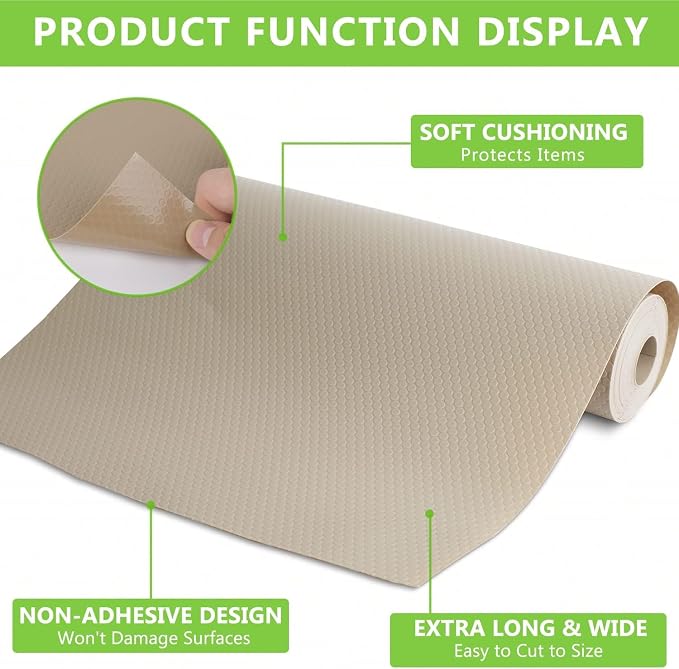 WochiTV Shelf Liner for Cabinets, Drawer 23.6 Inch x 15 Feet, Non Adhesive EVA Plastic Waterproof Protectors Mats for Kitchen, Pantry, Bathroom Closet, Cupboard, Khaki