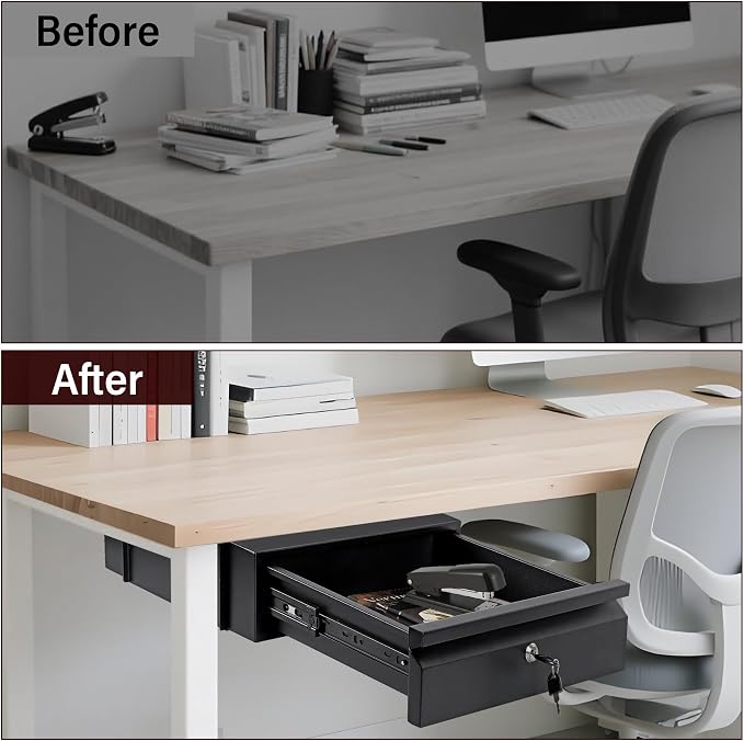 Under Desk Drawer 15.7" x 11.8" x 4.3", Under Desk Pull Out Drawer with Lock and Keys, 4.3” & 7.5” Optional Bracket Height, Storage Organizer for Workbench with Drawers