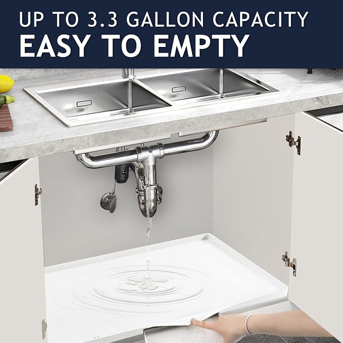 Heavy Duty Silicone Under Sink Mats for Kitchen Waterproof 37" x 22", Extra Thick Under Sink Rubber Mat Drip Tray, Raised Edge Under Sink Liner,Prevent Drips, Leaks, Spills,White