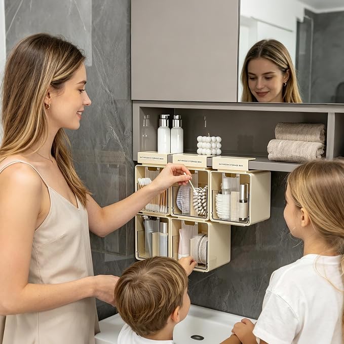 Under Mirror Cabinet Storage Box – No Drill Cosmetic Shelf, Transparent Cotton Pad Organizer, Pull Out Drawer Container, Stackable Makeup Storage for Bathroom Vanity