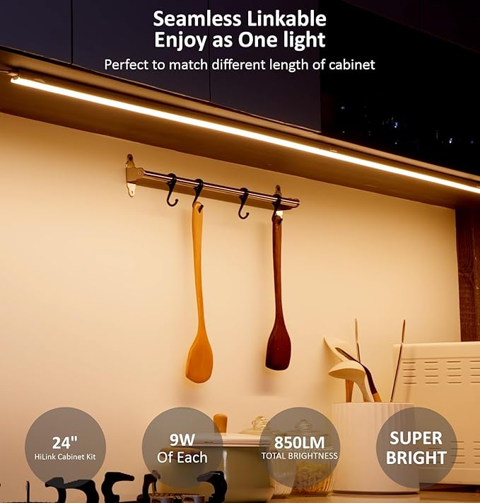Leetdud Under Cabinet Lighting Plug in, 24 Inch 1 Pc, Linkable AC120V 3CCT 3000K/4000K/5000K Ultra Slim, LED Under Cabinet Lights for Counter Light, Kitchen, Shelf, Sink, Workshop, Desk, Bronze