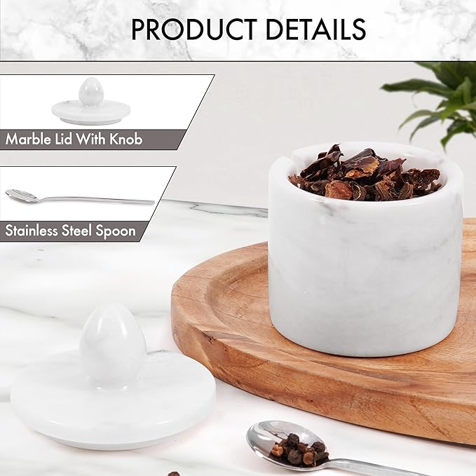 Marble Salt Cellar with Lid – White 4 Inch Table Salt Container, Salt Jar, Salt Dish, Salt Holder, Spice Jar, Sugar Bowl, Seasoning Container, Salt Dispenser for Kitchen Countertop