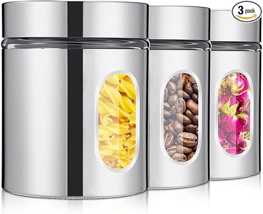 Mimorou 3 Pcs Stainless Steel Canister Set with Glass Windows Visible Storage Jars Silver Kitchen Canister Set for Pasta Flour Oat Sugar Container, Kitchen Tools, Housewarming Gifts (20 oz)