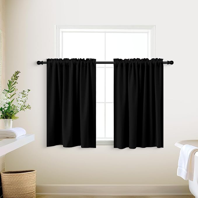 KOUFALL Black Kitchen Curtains 24x36 Inch Length Set of 2 Pack Rod Pocket Short Curtains for Small Bathroom