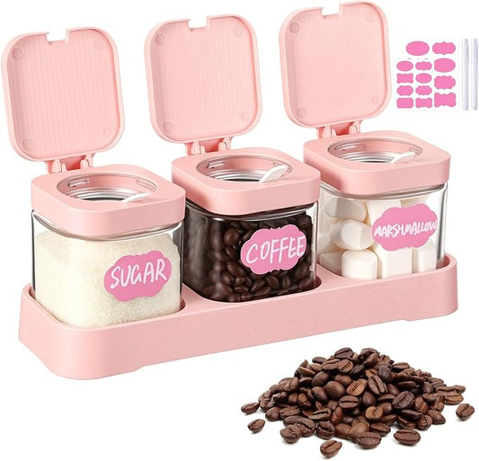 Suclain 3 Pcs Glass Coffee Containers Coffee Station Organizer Set, Airtight Bean Storage Jars with Shelf,labels,spoon, Base and Pen,for Sugar, Candy, Oats, Nuts (Pink)