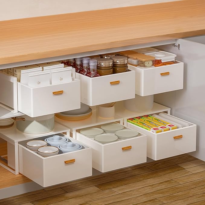 Pull Out Drawers for Cabinets Expandable Drawer Slide Out Cabinet Organizer Kitchen Extendable Drawers Storage Shelves for Kitchen Cabinets Extendable Pull Out Drawer, 40*41*34.4cm, White