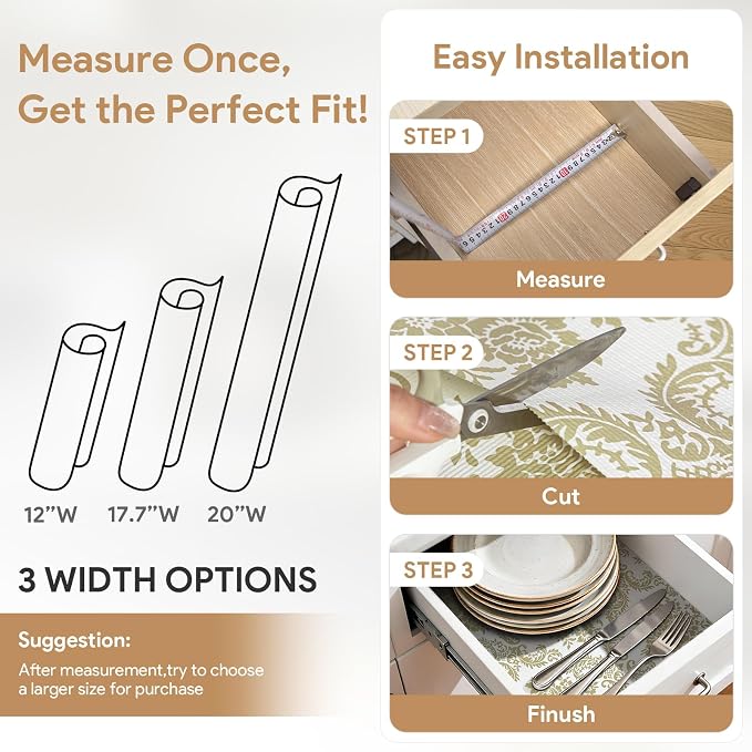 Shelf Liners Non Adhesive 3Rolls*12'' X 120'' Drawer Liner for Kitchen Cabinets, Waterproof Shelf Liners Durable Anti-Slip for Kitchen Cabinets Cupboard Liner