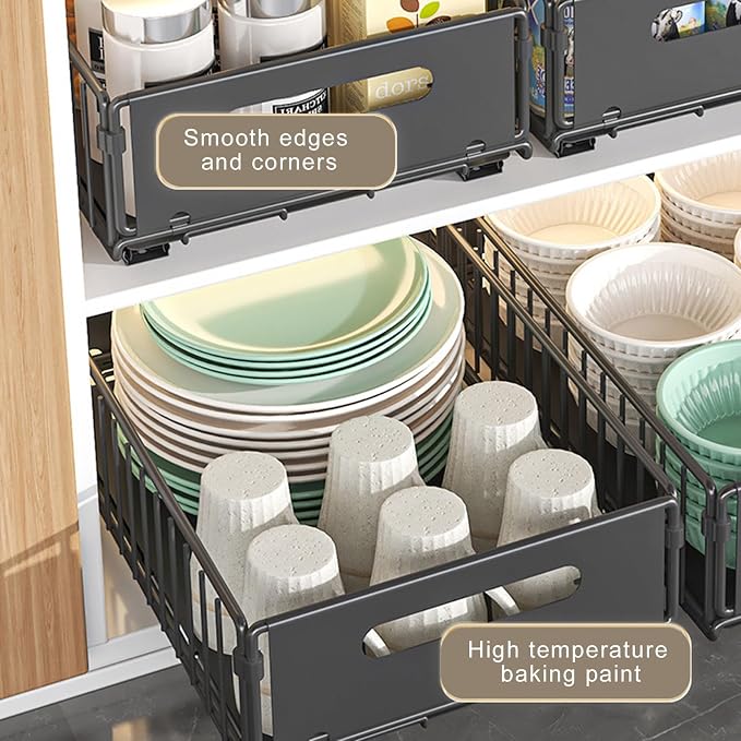 Pull Out Drawers for Cabinets, 2 Pack Slide Out Drawers for Kitchen Cabinets, No Drill Pull Out Cabinet Organizer Fixed with Adhesive, Heavy Duty Pull Out Shelves for Bathroom